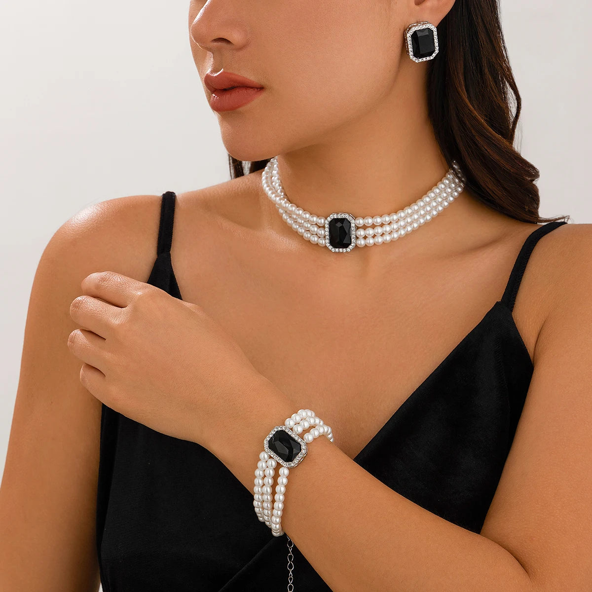 Lazourd Ingemark Elegant Multilayer Imitation Pearl Rhinestone Chain Necklace Bracelet Stud Earrings