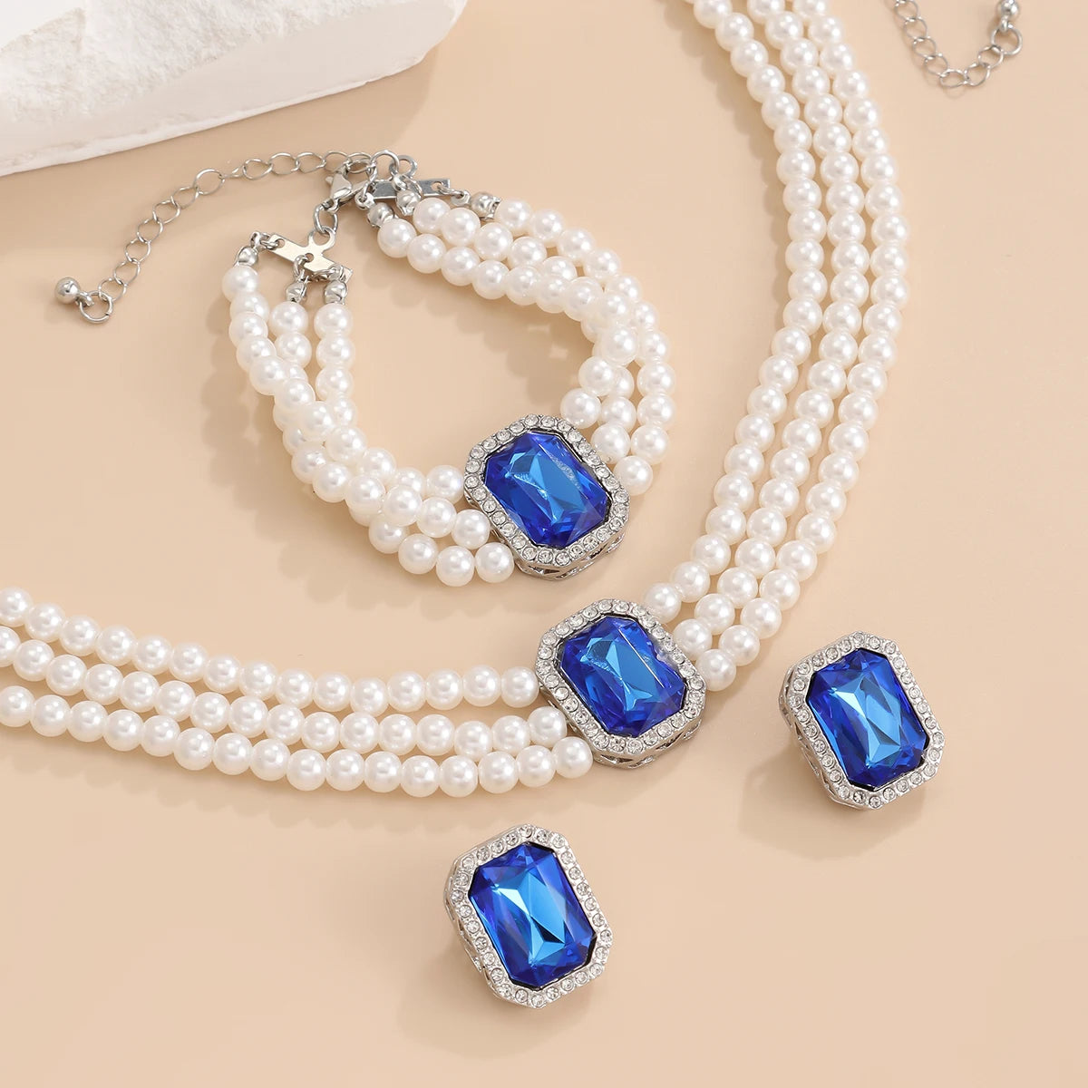 Lazourd Ingemark Elegant Multilayer Imitation Pearl Rhinestone Chain Necklace Bracelet Stud Earrings