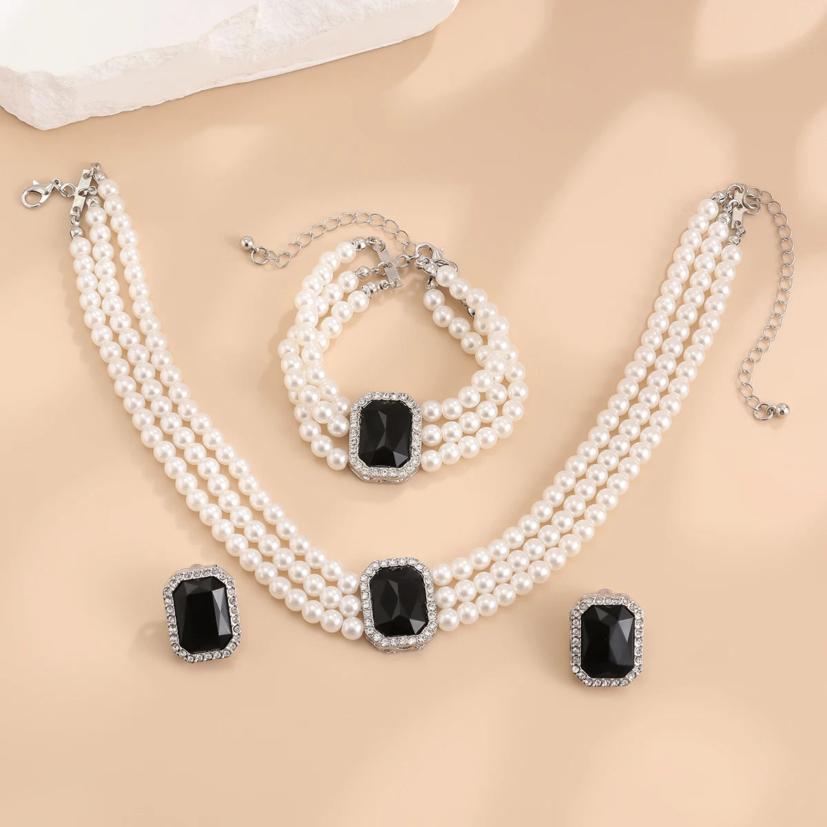 Lazourd Ingemark Elegant Multilayer Imitation Pearl Rhinestone Chain Necklace Bracelet Stud Earrings