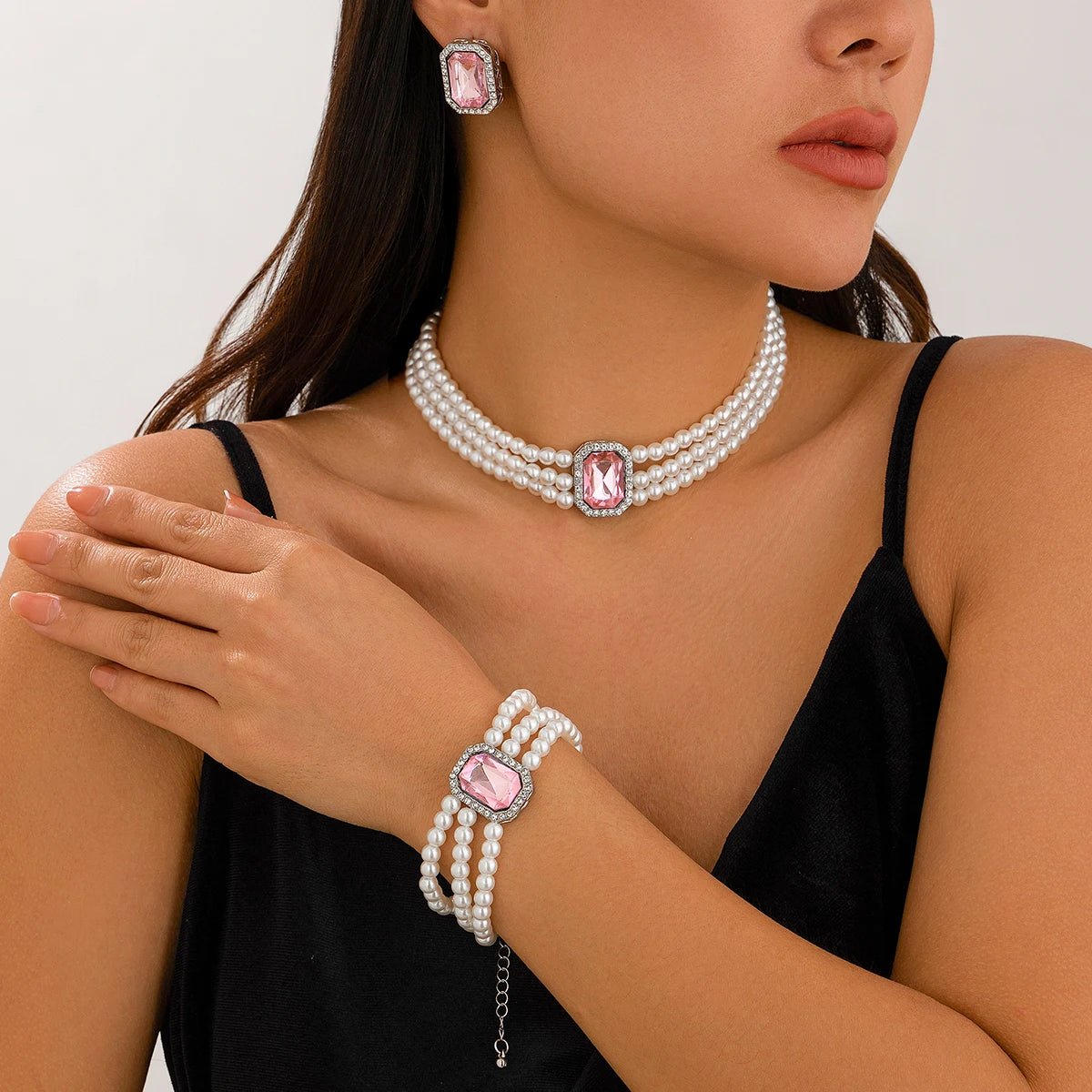 Lazourd Ingemark Elegant Multilayer Imitation Pearl Rhinestone Chain Necklace Bracelet Stud Earrings