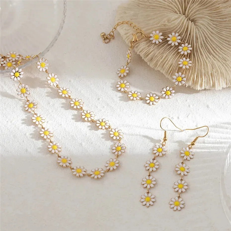 3Pcs Kpop Tiny Flower Daisy Clavicle Chain Necklace Bracelet Women Wed Summer Sweet Piercing Drop Earring Aesthetic Jewelry Set