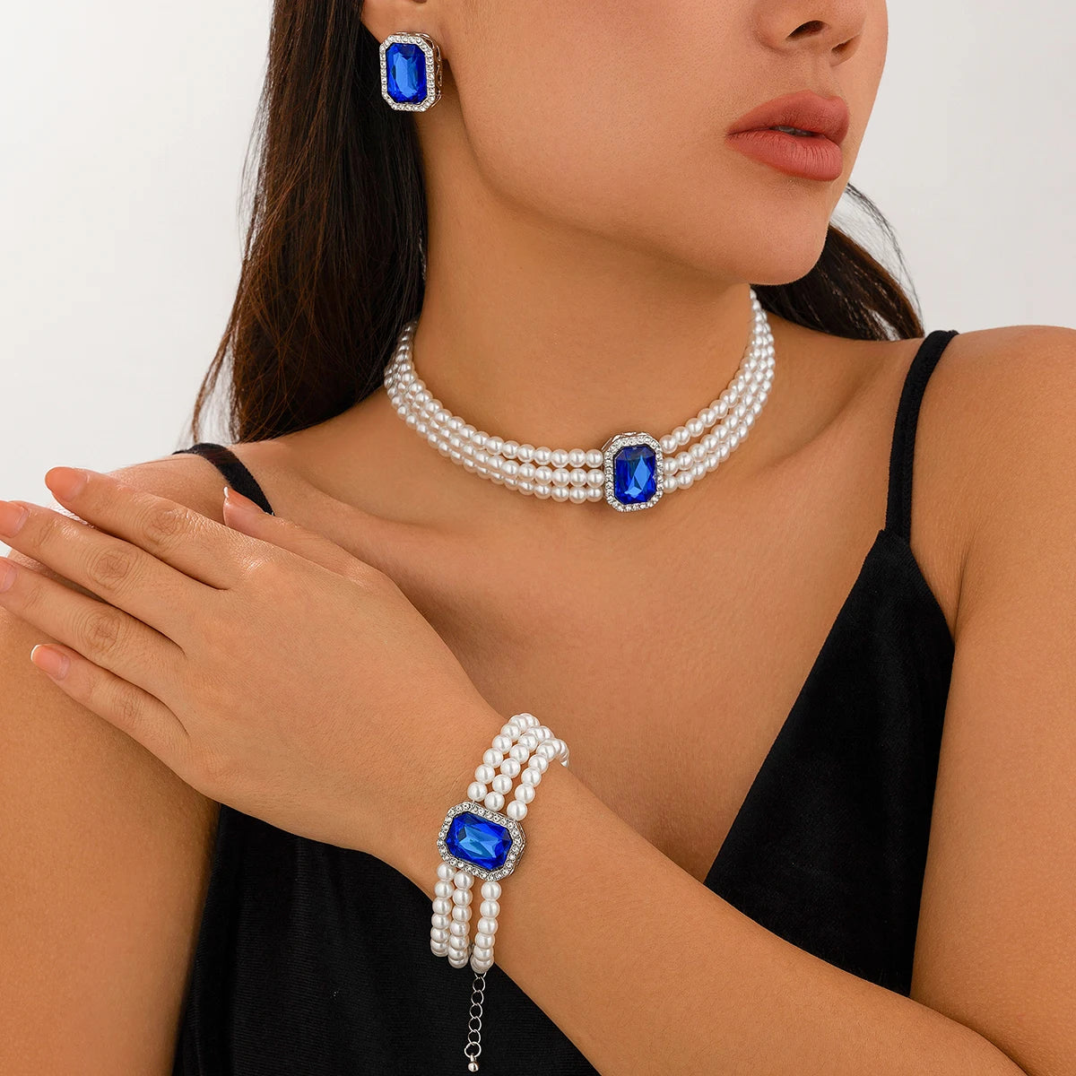 Lazourd Ingemark Elegant Multilayer Imitation Pearl Rhinestone Chain Necklace Bracelet Stud Earrings
