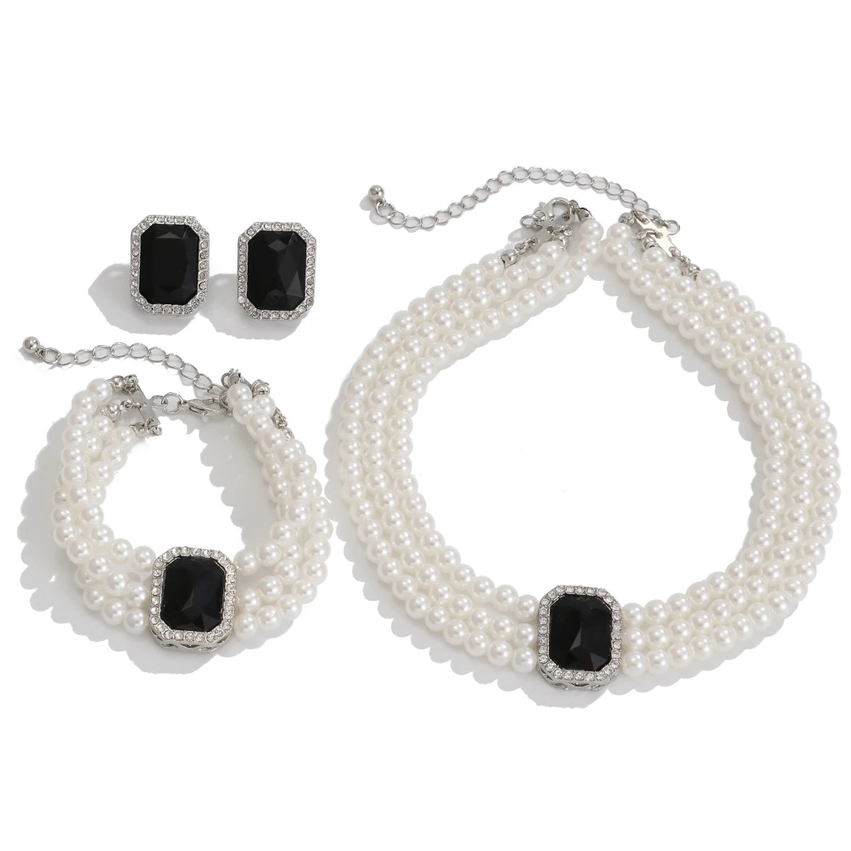 Lazourd Ingemark Elegant Multilayer Imitation Pearl Rhinestone Chain Necklace Bracelet Stud Earrings
