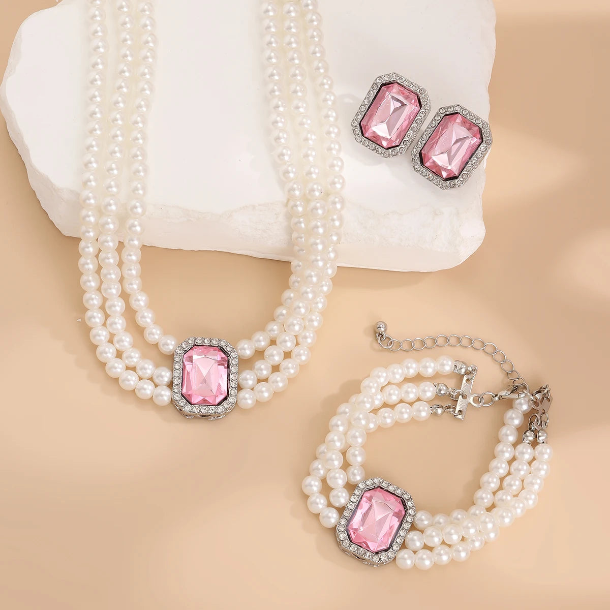 Lazourd Ingemark Elegant Multilayer Imitation Pearl Rhinestone Chain Necklace Bracelet Stud Earrings