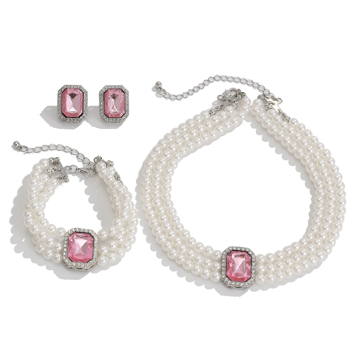 Lazourd Ingemark Elegant Multilayer Imitation Pearl Rhinestone Chain Necklace Bracelet Stud Earrings