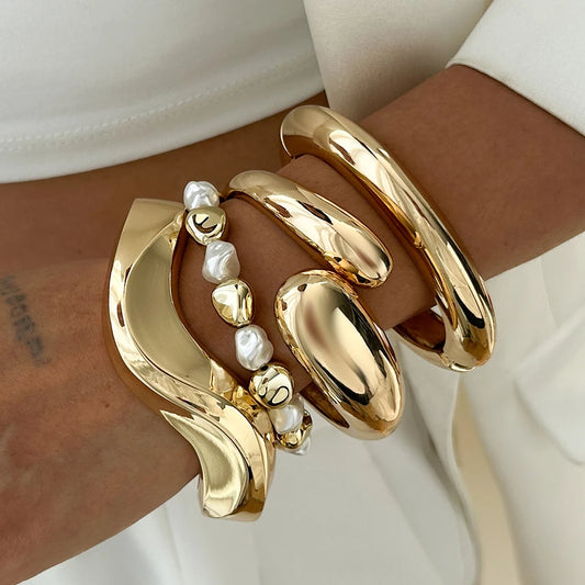 Lazourd Ingemark Exaggerated Retro Imitation Pearl Metal Bangles