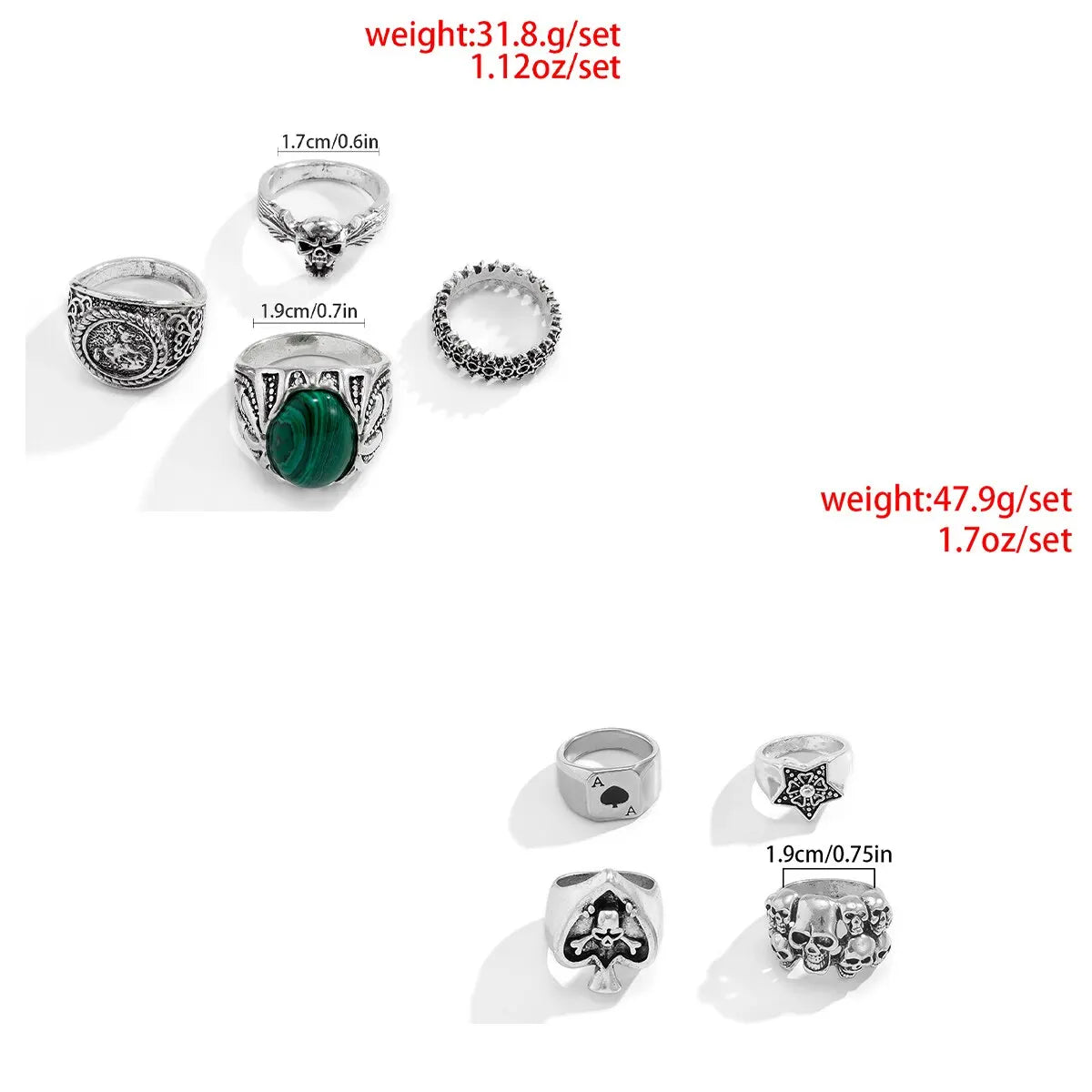 4Pcs/Set Gothic Vintage Skull Horse Spade Poker Rings