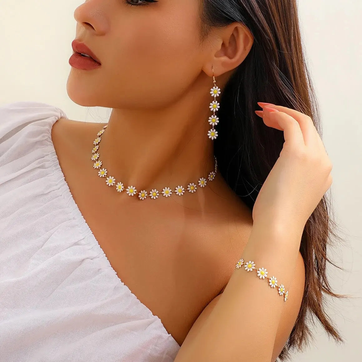 3Pcs Kpop Tiny Flower Daisy Clavicle Chain Necklace Bracelet Women Wed Summer Sweet Piercing Drop Earring Aesthetic Jewelry Set