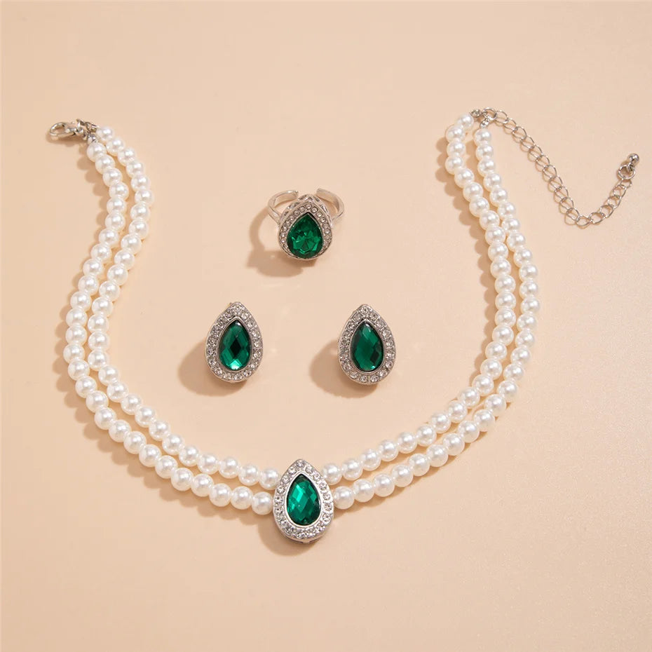 3Pcs Elegant Exquisite Green Rhinestone Imitation Pearl Chain Necklace Stud Earrings for Women Goth Engagement Rings Jewelry Set