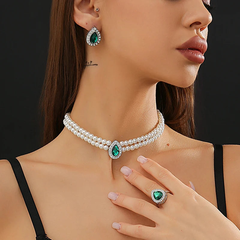 3Pcs Elegant Exquisite Green Rhinestone Imitation Pearl Chain Necklace Stud Earrings for Women Goth Engagement Rings Jewelry Set